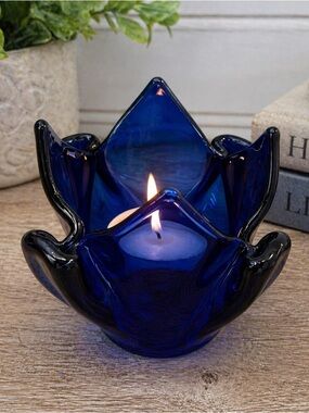 Partylite Cobalt Blue Art Glass Votive Candle Holder Folded Petal Dish 3x3
